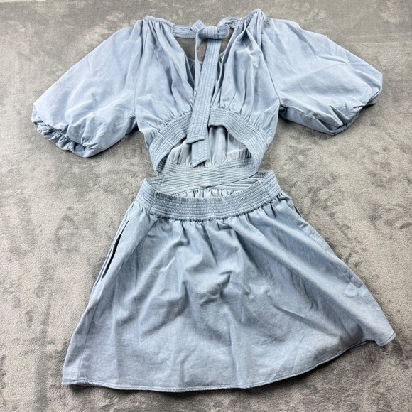 Love the Label Mini Dress Women S Light Blue NEW Cutout Puff Sleeve Cotton Boho - Picture 2 of 9